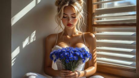 Blonde Muse with Cornflower Bouquet wallpaper