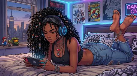 Neon Lo Fi Gamer Girl in Cozy Anime Room wallpaper