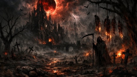 Grim Reaper Over the Burning Graveyard wallpaper