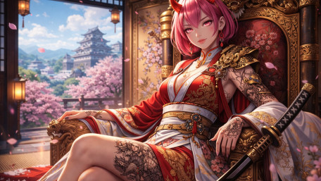 Tattooed Demon Queen in Cherry Blossom Palace wallpaper