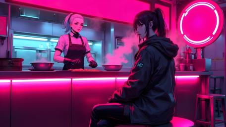 Neon Ramen Dreams in a Vaporwave Kitchen wallpaper