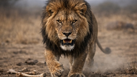 Majestic Lion Stalking Across the Savanna Wildlands wallpaper