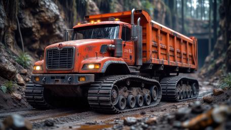 Tracked Hauler in Rugged Forest Terrain wallpaper