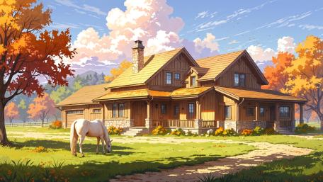 Autumn Farmhouse Serenity in Anime Style wallpaper