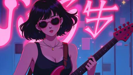Neon Guitarist in Synthwave Night wallpaper