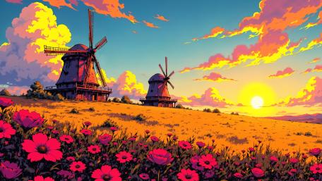 Sunset Windmills Over Blooming Fields wallpaper