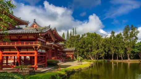 Serene Temple by the Reflective Pond wallpaper
