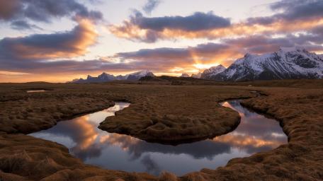 Lofoten Sunset Over River and Snowy Peaks wallpaper