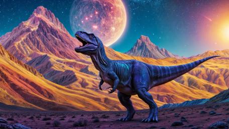 Cosmic Tyrannosaur Over Alien Mountains wallpaper