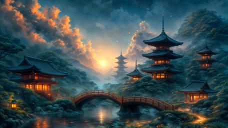 Moonlit Pagoda Bridge Valley wallpaper