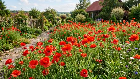 Sunlit Poppy Garden Retreat wallpaper