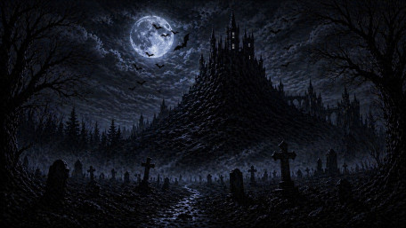 Moonlit Gothic Castle Over Cemetery wallpaper
