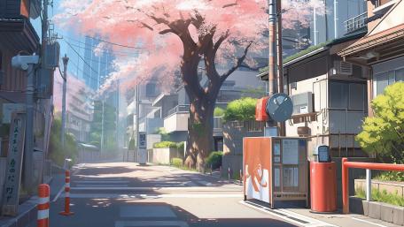Cherry Blossom Morning in Quiet Anime Street wallpaper