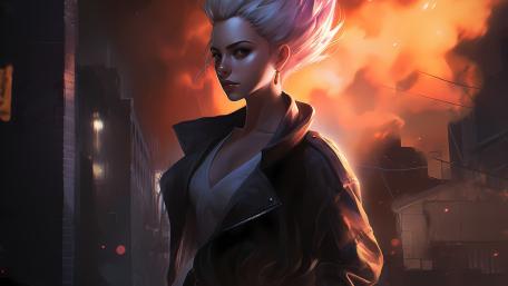 Flame Lit White Haired Warrior Girl wallpaper