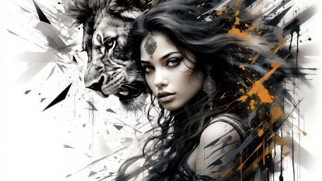 Wild Spirit Portrait of Woman and Lion wallpaper