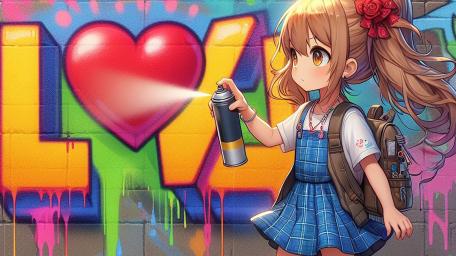 Kawaii Graffiti Schoolgirl with Heart Spray wallpaper