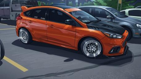 Anime Orange Hatchback in City Lights wallpaper