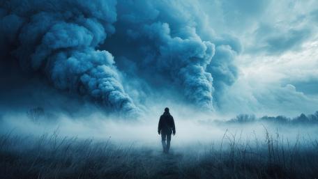 Solitary Wanderer Beneath Storming Smoke Skies wallpaper