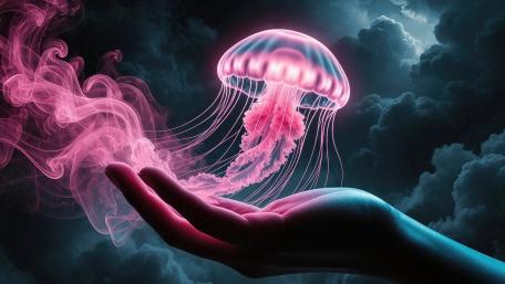 Neon Jellyfish Dream on a Cosmic Hand wallpaper
