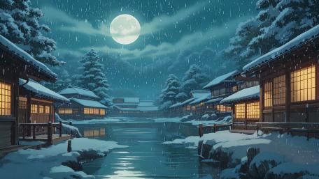 Moonlit Snowfall Over Silent Anime Town wallpaper
