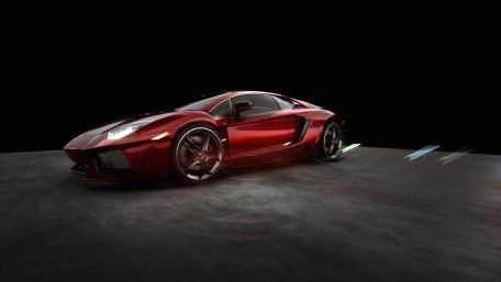 Red Lamborghini Aventador on Dark Studio Floor wallpaper