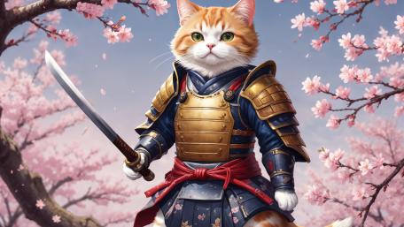 Samurai Cat Beneath Cherry Blossoms wallpaper