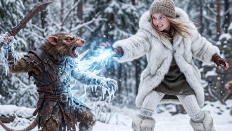 Frozen Duel of the Rat Warrior and Ice Sorceress wallpaper