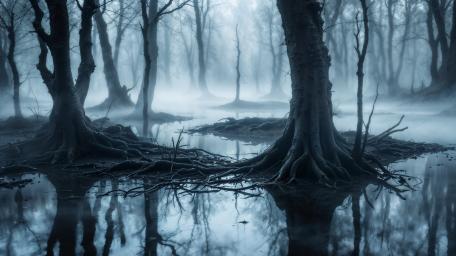 Mystic Foggy Forest Reflection wallpaper