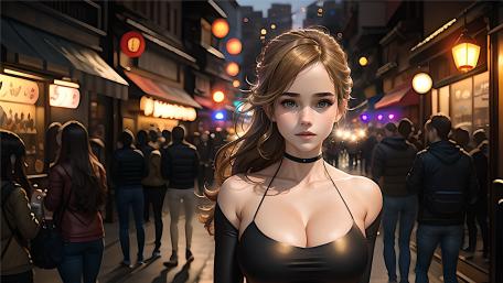 Mysterious Anime Beauty in Neon Street Crowd wallpaper