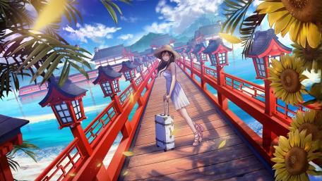Sunlit Summer Journey on the Red Bridge wallpaper