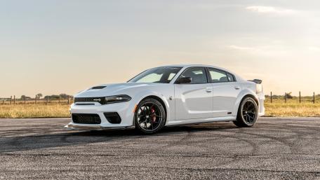 White Dodge Charger SRT Hellcat on Open Road wallpaper
