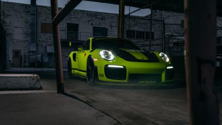 Neon Porsche GT2 RS in Shadowed Alley wallpaper