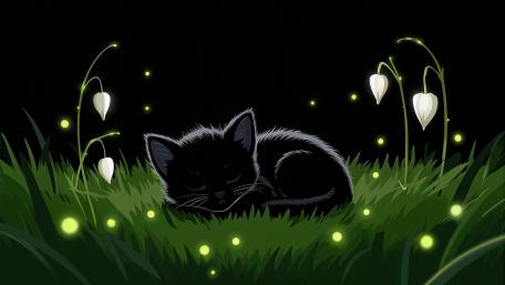 Sleepy Kawaii Black Kitten in Moonlit Grass wallpaper