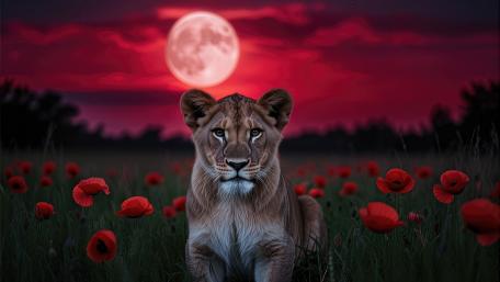 Moonlit Lioness in Poppy Field wallpaper