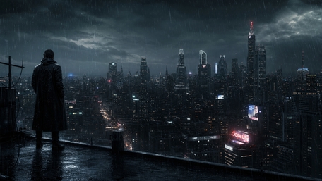 Rain soaked vigil over a neon metropolis wallpaper