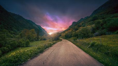 Twilight Road Through Mountain Valley wallpaper