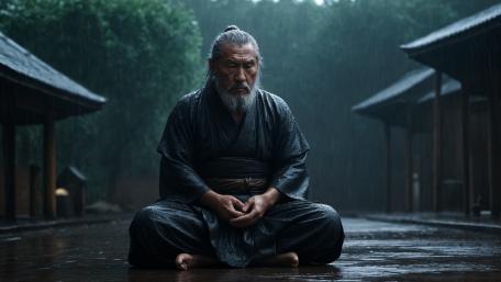 Rainlit Wisdom in a Quiet Japanese Courtyard wallpaper