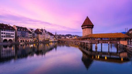 Twilight Reflections at Chapel Bridge wallpaper