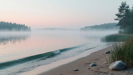 Misty Sunrise Shoreline Serenity wallpaper