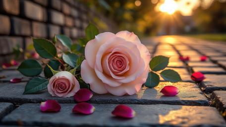 Sunlit Pink Roses on Cobblestone Path wallpaper