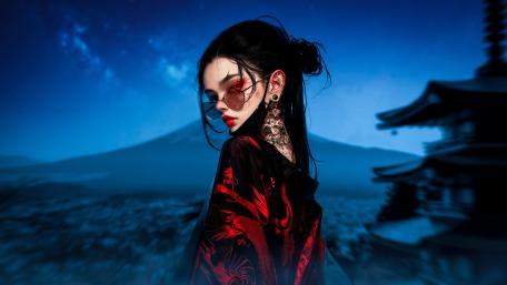 Gothic Cyberpunk Beauty Under Blue Moonlight wallpaper