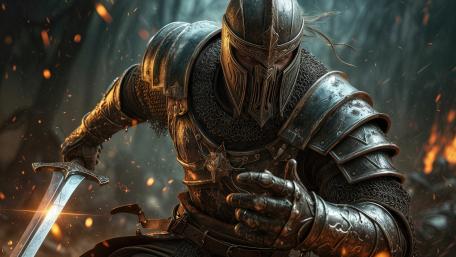 Armored Knight in Fiery Battle wallpaper