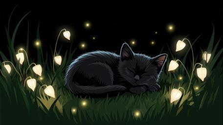 Dreamy Black Kitten Among Fireflies wallpaper
