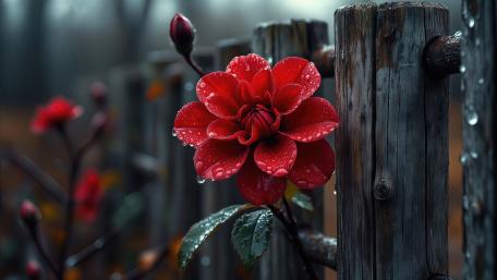 Rain Kissed Red Dahlia Bloom wallpaper