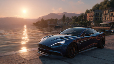 Sunlit Aston Martin by the Lake wallpaper
