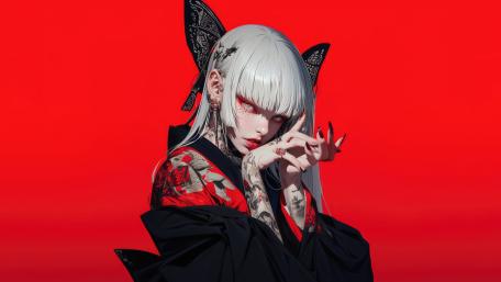 Gothic White Haired Anime Girl in Crimson Shadows wallpaper