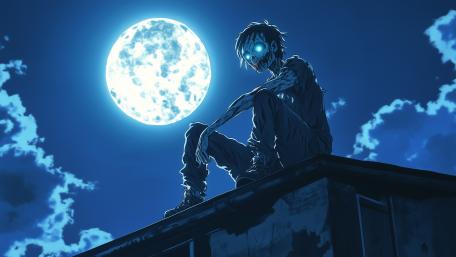 Moonlit Rooftop Zombie in Anime Halloween Night wallpaper