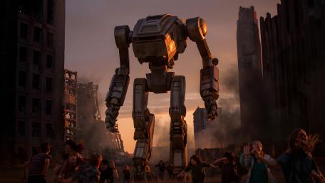 Titan Sentinel Over Ruined City wallpaper