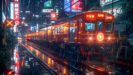 Neon Rain Train Through Tokyo Night wallpaper