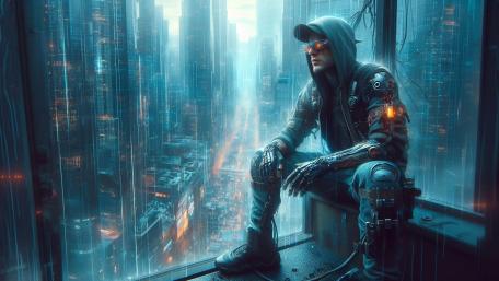 Neon Sentinel Above the Cyber City wallpaper